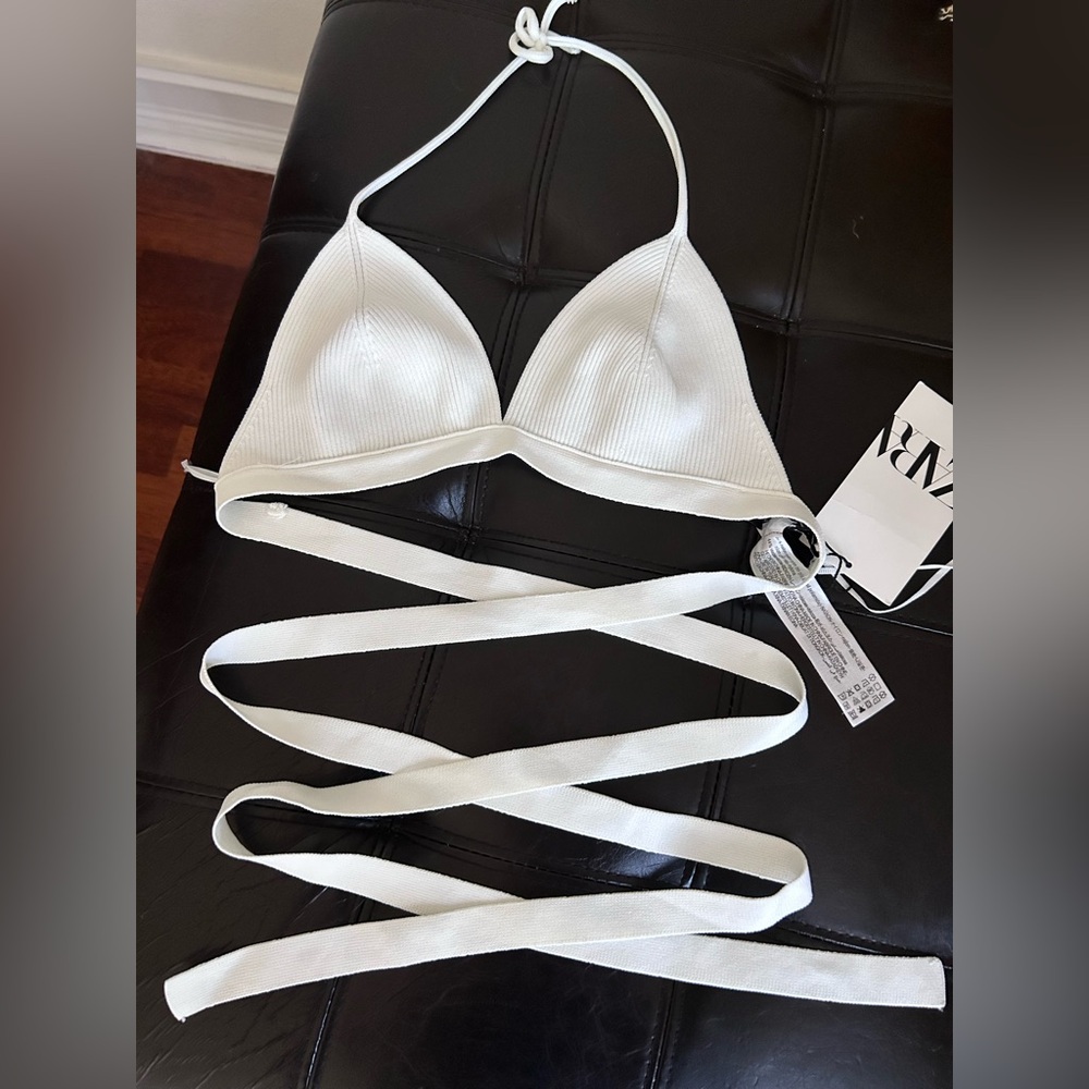NWT Zara Ribbed Strappy Wrap Halter Bralette Crop Top S ART:6873/018/250 White